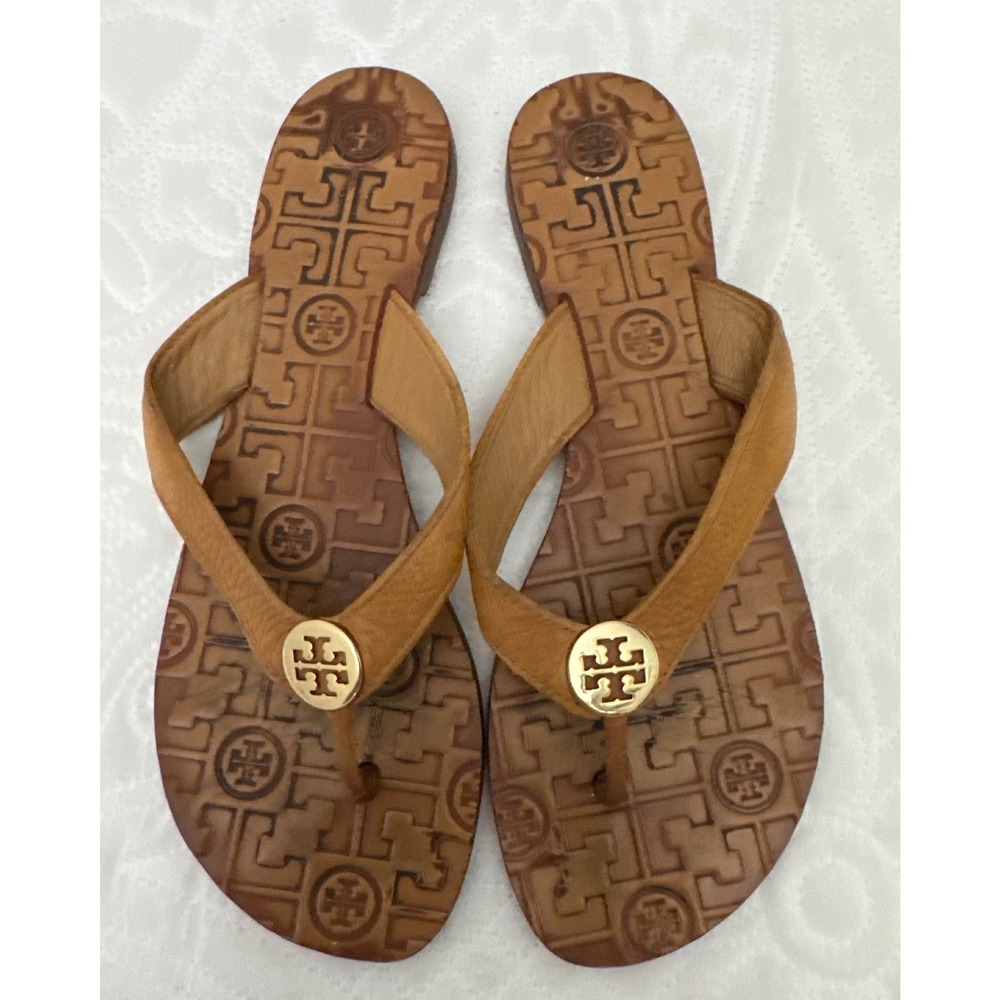 Tory Burch Sandals Tan Leather Logo Flip Flop Thong Size 8M